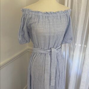 Lemlem Blue and White Off-Shoulder Midi Dress